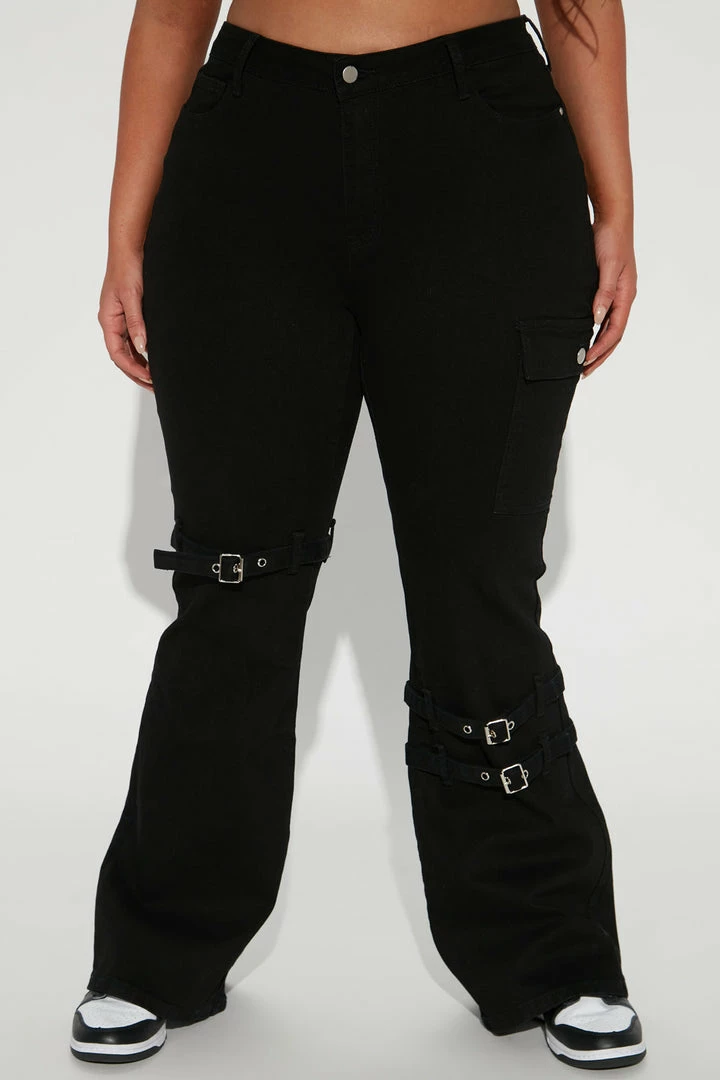 Fashion Nova Buckled Up Cargo Flare Jeans - Black