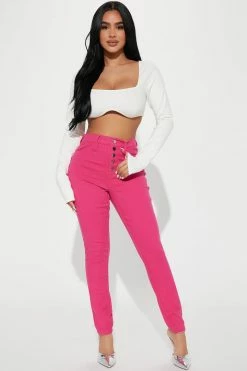 Fashion Nova Exposed Heart Button Stretch Skinny Jeans - Pink
