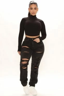 Fashion Nova Favorite Getaway Destroyed Straight Leg Jeans - Black