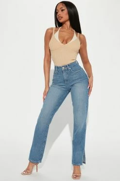 Fashion Nova Nova'90s Split Hem Straight Leg Jeans - Medium Blue Wash