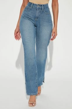 Fashion Nova Nova '90s Split Hem Straight Leg Jeans - Medium Blue Wash