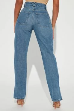 Fashion Nova Nova '90s Split Hem Straight Leg Jeans - Medium Blue Wash