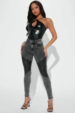 Fashion Nova Sharing Secrets Faux Leather Patchwork Skinny Jeans - Grey/combo