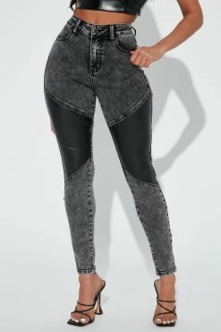Fashion Nova Sharing Secrets Faux Leather Patchwork Skinny Jeans - Grey/combo