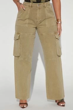 Fashion Nova Catch My Drift Easy Waist High Rise Cargo Jeans - Olive Baggy Jeans