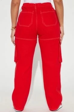 Fashion Nova Catch My Drift Easy Waist High Rise Cargo Jeans - Red