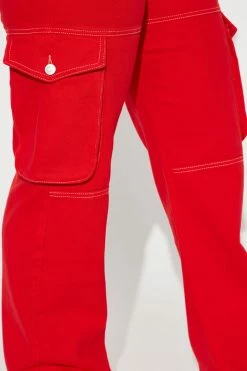 Fashion Nova Catch My Drift Easy Waist High Rise Cargo Jeans - Red
