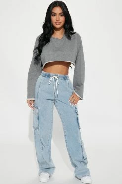 Fashion Nova Gotta Go High Rise Easy Waist Cargo Jean - Light Wash