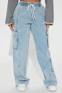 Fashion Nova Gotta Go High Rise Easy Waist Cargo Jean - Light Wash