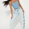 Fashion Nova Give You A Peek Cut Out Straight Leg Jean - Light Blue Wash Straight Leg Jeans
