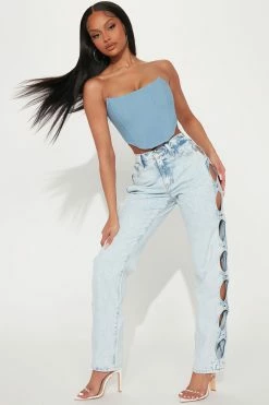 Fashion Nova Give You A Peek Cut Out Straight Leg Jean - Light Blue Wash Straight Leg Jeans