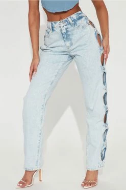 Fashion Nova Give You A Peek Cut Out Straight Leg Jean - Light Blue Wash Straight Leg Jeans