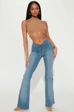 Fashion Nova Heart Breaker V Front Ruched Flare Jeans - Light Wash