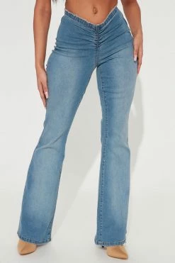 Fashion Nova Heart Breaker V Front Ruched Flare Jeans - Light Wash