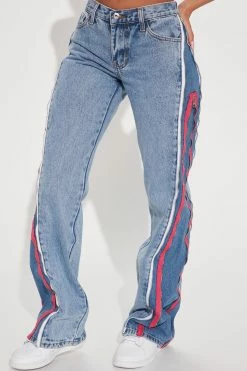 Fashion Nova Just Zip It Low Rise Baby Flare Leg Jean - Light Blue Wash Straight Leg Jeans