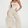 Fashion Nova Lily High Rise Distressed Cargo Jeans - Tan Baggy Jeans