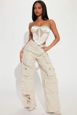 Fashion Nova Lily High Rise Distressed Cargo Jeans - Tan Baggy Jeans