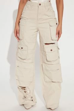 Fashion Nova Lily High Rise Distressed Cargo Jeans - Tan Baggy Jeans