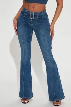Fashion Nova Name In Lights Low Rise Belted Flare Jeans - Medium Wash