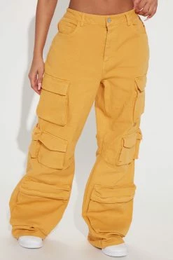 Fashion Nova Flare Jeans Tokyo Nights High Rise Cargo Jean - Gold