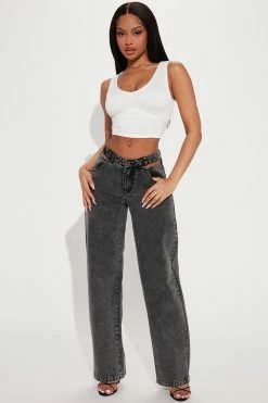 Fashion Nova Got A Secret V Front Straight Leg Jean - Black Wash Straight Leg Jeans