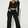 Fashion Nova Just Like That Cut Off Waistband Wide Leg Jeans - Black Wash Flare Jeans