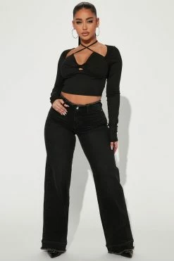 Fashion Nova Just Like That Cut Off Waistband Wide Leg Jeans - Black Wash Flare Jeans