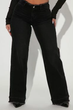 Fashion Nova Just Like That Cut Off Waistband Wide Leg Jeans - Black Wash Flare Jeans