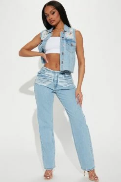 Fashion Nova Tough Love Ripped Mid Rise Straight Leg Jean - Light Blue Wash Straight Leg Jeans