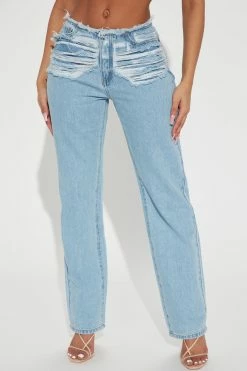 Fashion Nova Tough Love Ripped Mid Rise Straight Leg Jean - Light Blue Wash Straight Leg Jeans