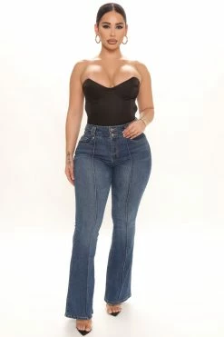 Fashion Nova Recycled Pintuck Flare Jeans - Medium Blue Wash