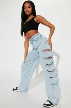 Fashion Nova Baggy Jeans City Streets Ripped Baggy Wide Leg Jean - Light Blue Wash