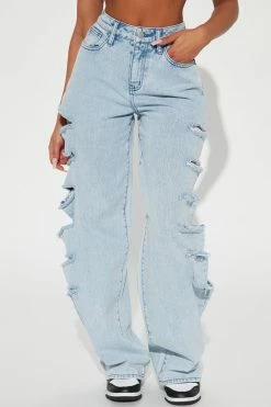 Fashion Nova Baggy Jeans City Streets Ripped Baggy Wide Leg Jean - Light Blue Wash