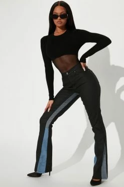 Fashion Nova Contrast Coated High Rise Stacked Flare Jeans - Black/combo