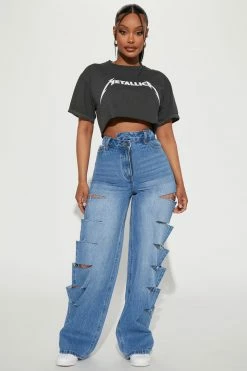 Fashion Nova Don't Play With Me Crossover Slashed Straight Leg Jean - Medium Blue Wash Straight Leg Jeans