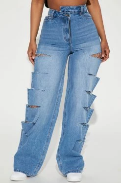 Fashion Nova Don't Play With Me Crossover Slashed Straight Leg Jean - Medium Blue Wash Straight Leg Jeans