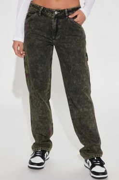 Fashion Nova On The Run Mid Rise Utility Jeans - Acid Wash Black Straight Leg Jeans