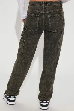 Fashion Nova On The Run Mid Rise Utility Jeans - Acid Wash Black Straight Leg Jeans