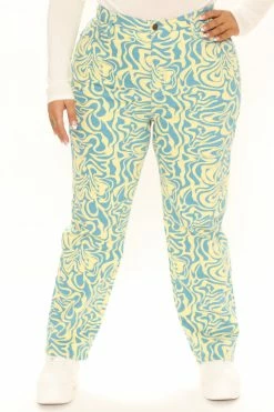 Fashion Nova Mod Babe Swirl Print Slim Straight Leg Jeans - Blue/combo
