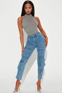 Fashion Nova Dare You Stretch Cargo Skinny Jeans - Medium Wash Straight Leg Jeans