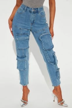 Fashion Nova Dare You Stretch Cargo Skinny Jeans - Medium Wash Straight Leg Jeans