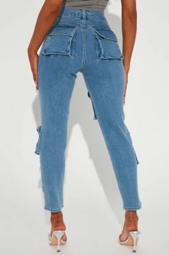 Fashion Nova Dare You Stretch Cargo Skinny Jeans - Medium Wash Straight Leg Jeans