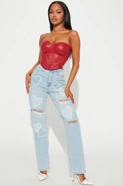 Fashion Nova Luv Ya High Rise Ripped Straight Leg Jeans - Light Blue Wash