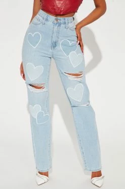 Fashion Nova Luv Ya High Rise Ripped Straight Leg Jeans - Light Blue Wash