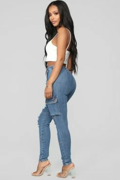 Fashion Nova Don't Push Me Cargo Jeans - Medium Blue Wash Skinny Jeans