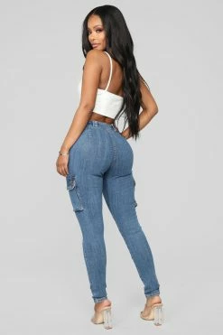 Fashion Nova Don't Push Me Cargo Jeans - Medium Blue Wash Skinny Jeans