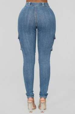 Fashion Nova Don't Push Me Cargo Jeans - Medium Blue Wash Skinny Jeans