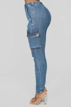 Fashion Nova Don't Push Me Cargo Jeans - Medium Blue Wash Skinny Jeans