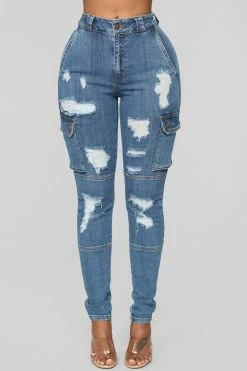 Fashion Nova Don't Push Me Cargo Jeans - Medium Blue Wash Skinny Jeans