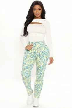 Fashion Nova Mod Babe Swirl Print Slim Straight Leg Jeans - Blue/combo